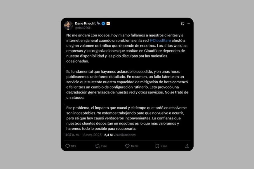 La publicación de Dane Knecht en X.