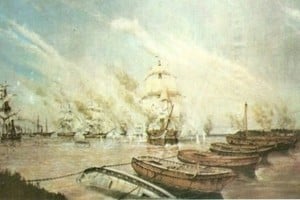Representación pictórica que evoca la Batalla de la Vuelta de Obligado. Defensa de la Confederación Argentina contra la escuadra anglofrancesa.