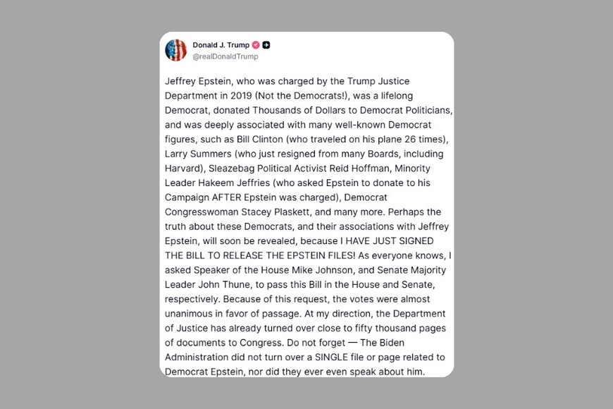 Parte del mensaje de Trump en Truth Social.