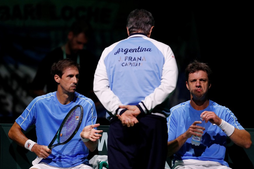 Tennis - Davis Cup - Final 8 - Argentina v Germany - SuperTennis Arena, Bologna, Italy - November 20, 2025  
Argentina's Andres Molteni and Argentina's Horacio Zeballos during their doubles match against Germany's Kevin Krawietz and Germany's Tim Puetz REUTERS/Alessandro Garofalo