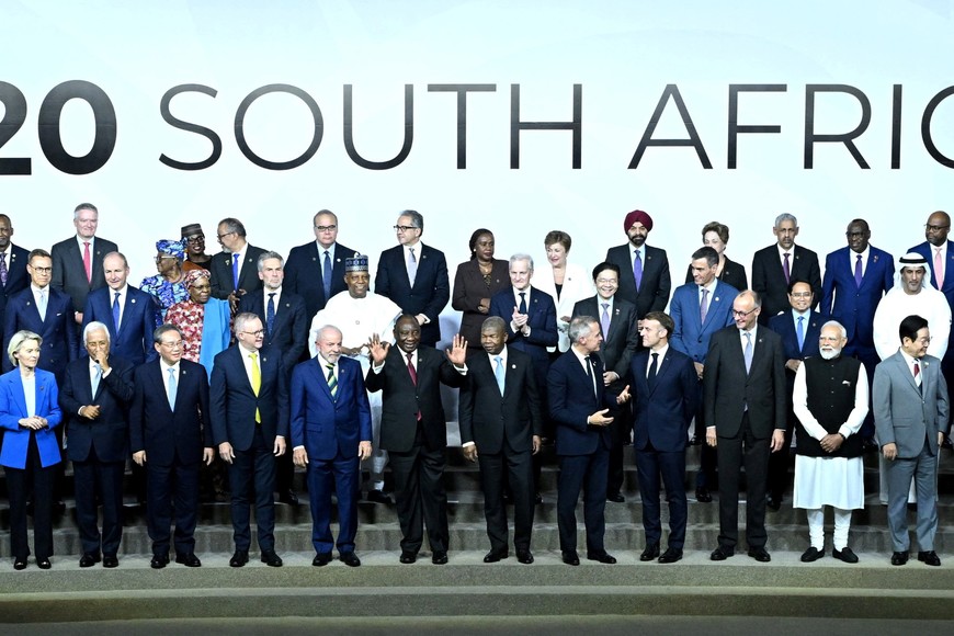 Italy's Prime Minister Giorgia Meloni Deputy Chief of Staff of Russia's Presidential Executive Office Maxim Oreshkin, Turkey's President Recep Tayyip Erdogan, Japan's Prime Minister Sanae Takaichi, Indonesia's Vice President Gibran Rakabuming Raka, European Commission President Ursula Von der Leyen, European Council President Antonio Costa, China's Premier Li Qiang, Australia's Prime Minister Anthony Albanese, Brazil's President Luiz Inacio Lula da Silva, South Africa's President Cyril Ramaphosa, President of Angola and Chairperson of the African Union Joao Lourenco, Canada's Prime Minister Mark Carney, France's President Emmanuel Macron, German Chancellor Friedrich Merz, India's Prime Minister Narendra Modi, South Korea's President Lee Jae Myung, Britain's Prime Minister Keir Starmer, Saudi Arabia's Foreign Minister Prince Faisal bin Farhan Al Saud and Argentinian Foreign Minister Pablo Quirno and other government officials pose for the “family photo” at the G20 Summit, in Johannesbur
