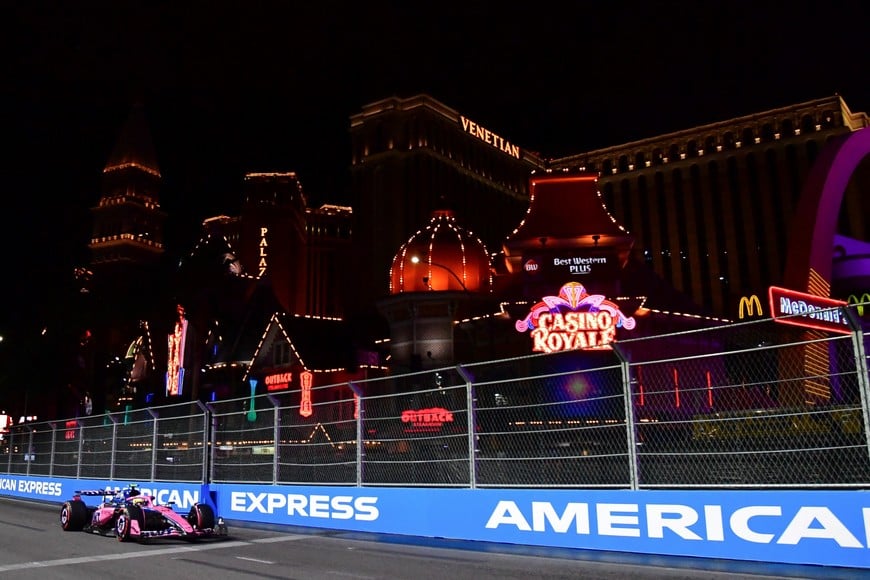Nov 21, 2025; Las Vegas, NV, USA; Alpine driver Franco Colapinto (43) during practice for the Las Vegas Grand Prix at Las Vegas Strip Circuit. Mandatory Credit: Gary A. Vasquez-Imagn Images