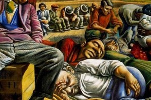 "Desocupados", pintura del notable artista argentino Antonio Berni, año 1934. Obra de gran formato realizada en temple sobre arpillera que representa la crisis económica de la época y la situación de los trabajadores desempleados.