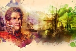 Juan Manuel de Rosas, "El Restaurador de las Leyes", representado pictóricamente junto a naves que simbolizan la batalla de la Vuelta de Obligado (1845), el episodio que sentó las bases de nuestra evocación por la Soberanía Nacional.