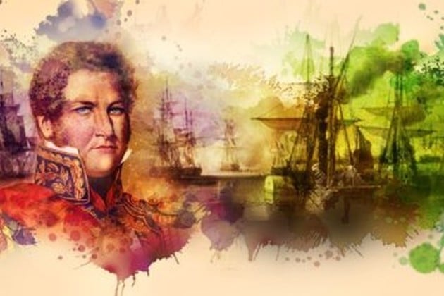 Juan Manuel de Rosas, "El Restaurador de las Leyes", representado pictóricamente junto a naves que simbolizan la batalla de la Vuelta de Obligado (1845), el episodio que sentó las bases de nuestra evocación por la Soberanía Nacional.