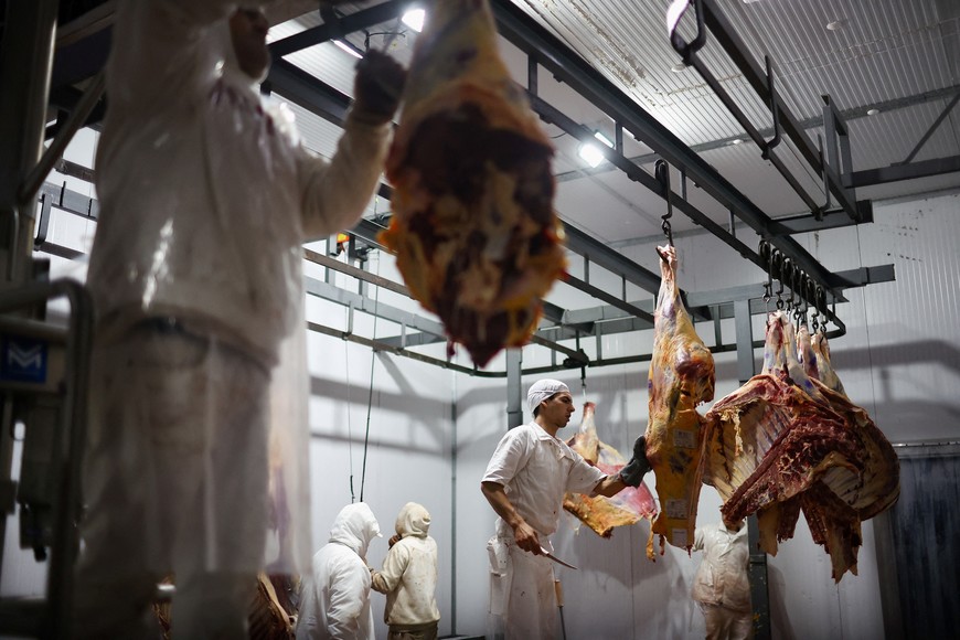 A butcher processes a beef carcass at the production line in a meat processing plant in Moron, Buenos Aires, Argentina, May 16, 2025. REUTERS/Agustin Marcarian