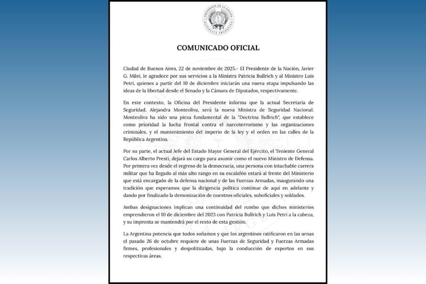 El comunicado de Presidencia confirmó la designación de Carlos Presti como nuevo ministro de Defensa.