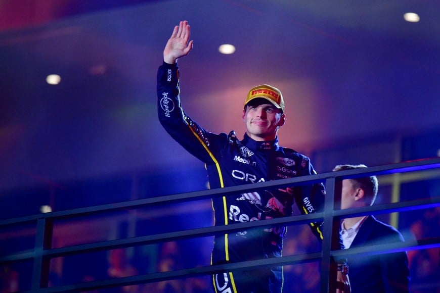 Nov 21, 2025; Las Vegas, NV, USA; Red Bull Racing driver Max Verstappen (1) reacts following his victory of the Las Vegas Grand Prix at Las Vegas Strip Circuit. Mandatory Credit: Gary A. Vasquez-Imagn Images