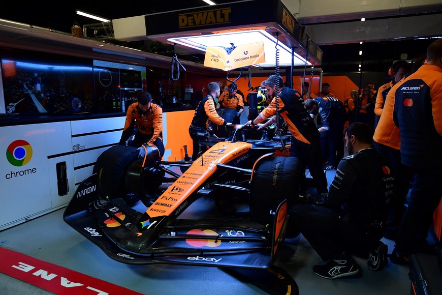 Nov 21, 2025; Las Vegas, NV, USA; The car of McLaren driver Lando Norris (4) is prepped for the Las Vegas Grand Prix at Las Vegas Strip Circuit. Mandatory Credit: Gary A. Vasquez-Imagn Images