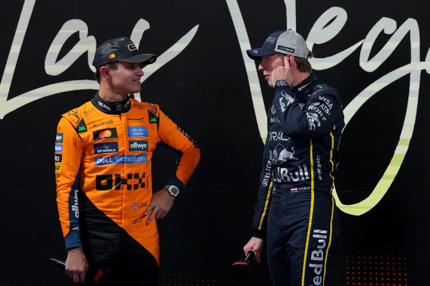 Formula One F1 - Las Vegas Grand Prix - Las Vegas Strip Circuit, Las Vegas, Nevada, United States - November 21, 2025
McLaren's Lando Norris reacts after qualifying in pole position with second placed Red Bull's Max Verstappen REUTERS/Daniel Cole