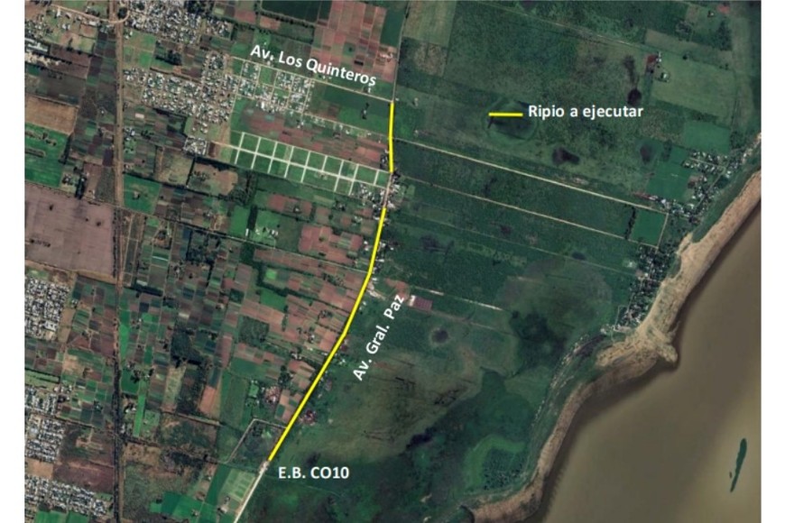 En amarillo, el recorrido donde se aplicará la renovación de ripio. Crédito: Gobierno de la provincia de Santa Fe