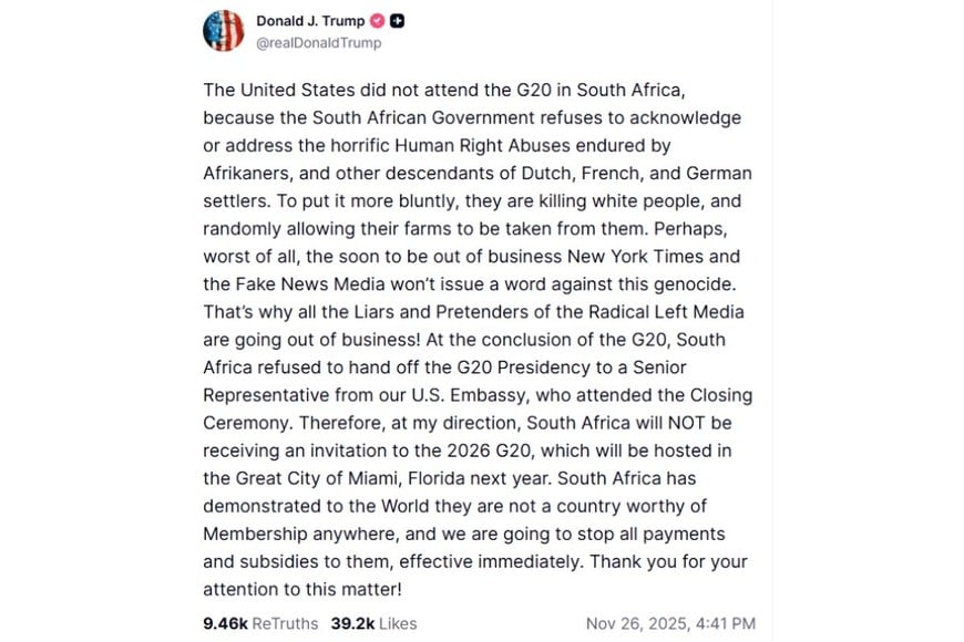 La publicación de Trump en Truth Social.