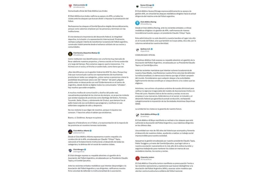 Algunos de los comunicados de los clubes del ascenso.