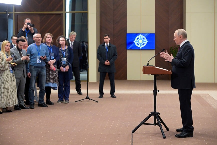 Russian President Vladimir Putin speaks during a press conference following the Collective Security Treaty Organization (CSTO) summit in Bishkek, Kyrgyzstan, November 27, 2025. Sputnik/Alexey Nikolskyi/Pool via REUTERS ATTENTION EDITORS - THIS IMAGE WAS PROVIDED BY A THIRD PARTY.
