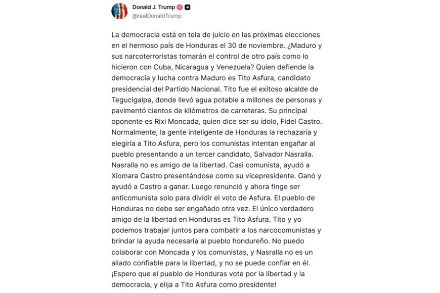 La publicación de Trump en Truth Social.