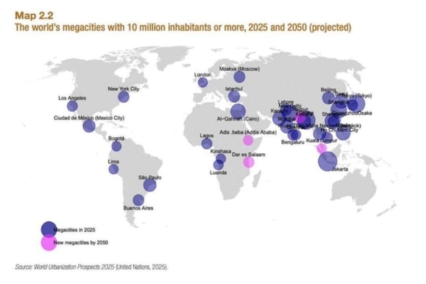 Mapa de las megaciudades. En violeta las actuales y en rosado las proyectadas para 2050. Crédito: ONU