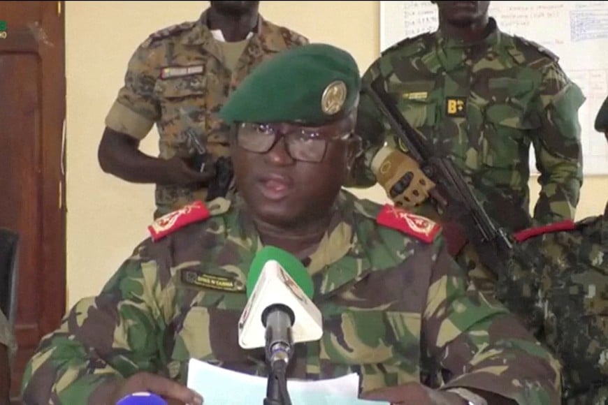 Dinis N'Tchama, spokesperson for Guinea-Bissau's High Military Command, delivers a speech in Bissau, Guinea-Bissau, November 26, 2025, in this screengrab from video. Televisao da Guine-Bissau/Reuters TV/via REUTERS. GUINEA-BISSAU OUT. NO COMMERCIAL OR EDITORIAL SALES IN GUINEA-BISSAU. THIS IMAGE HAS BEEN SUPPLIED BY A THIRD PARTY.      TPX IMAGES OF THE DAY