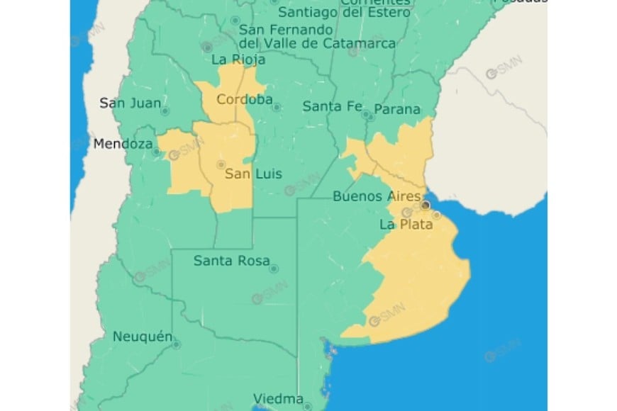 Los departamentos afectados por el aviso del SMN.