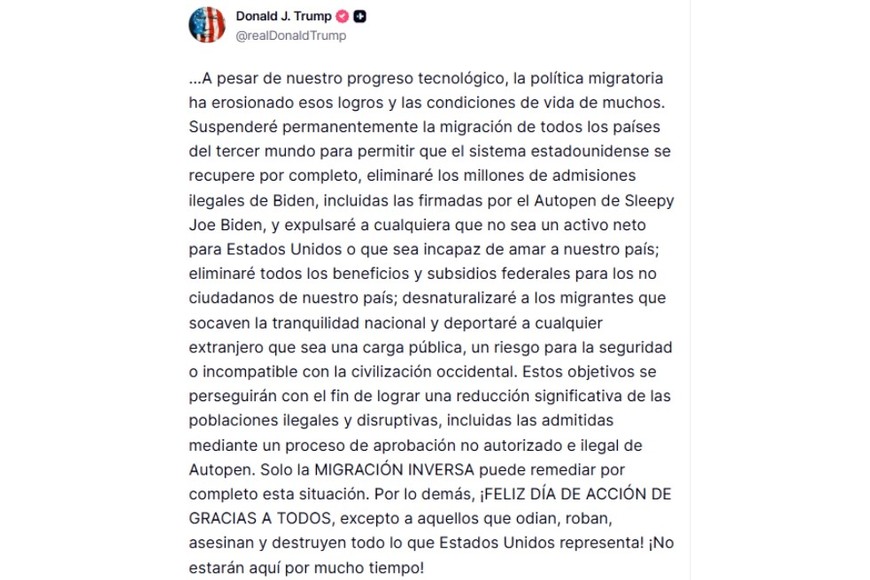 Publicación de Trump en Truth Social.