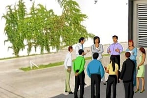 Recreación ilustrada de una reunión de consorcistas comentando detalles de las competencias, atribuciones, deberes y responsabilidades de los administradores de consorcios.