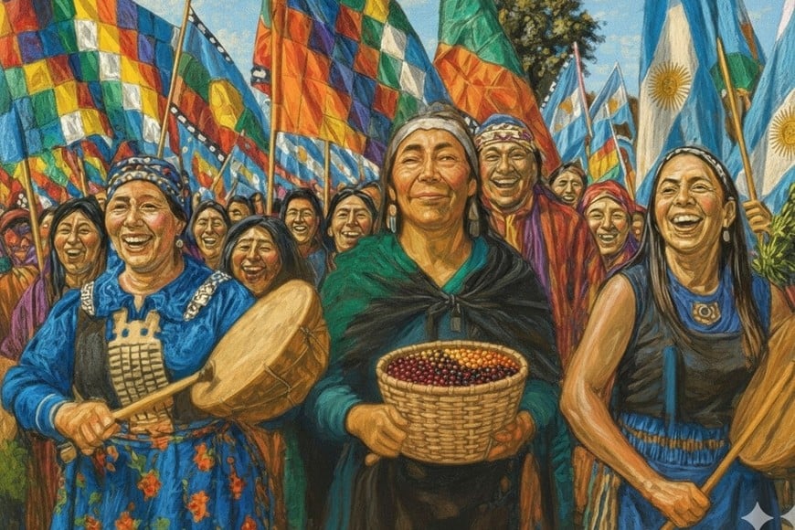 Composición que recrea, con fondo de whipalas (símbolo de los pueblos originarios andinos) y banderas argentinas, una manifestación a favor de la lucha y la representación de las comunidades indígenas de nuestro país.