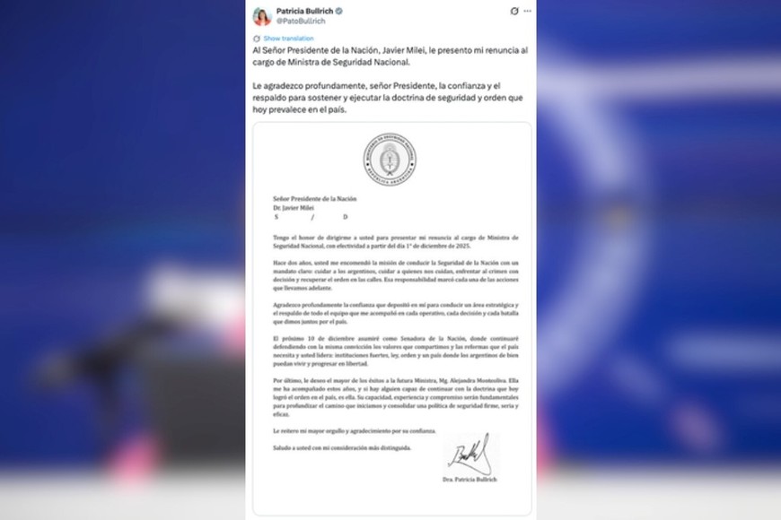 Patricia Bullrich formalizó su salida del Ministerio de Seguridad Nacional.