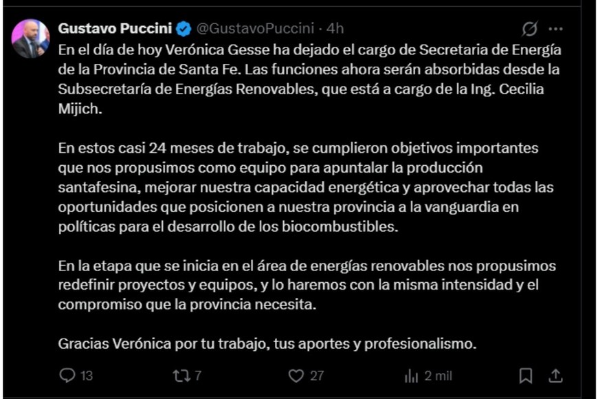 Gustavo Puccini, informó en su cuenta