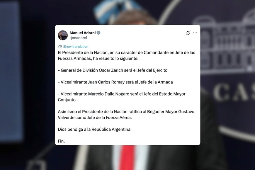 Zarich, Romay y Dalle Nogare asumirán en el Ejército, Armada y Estado Mayor Conjunto.