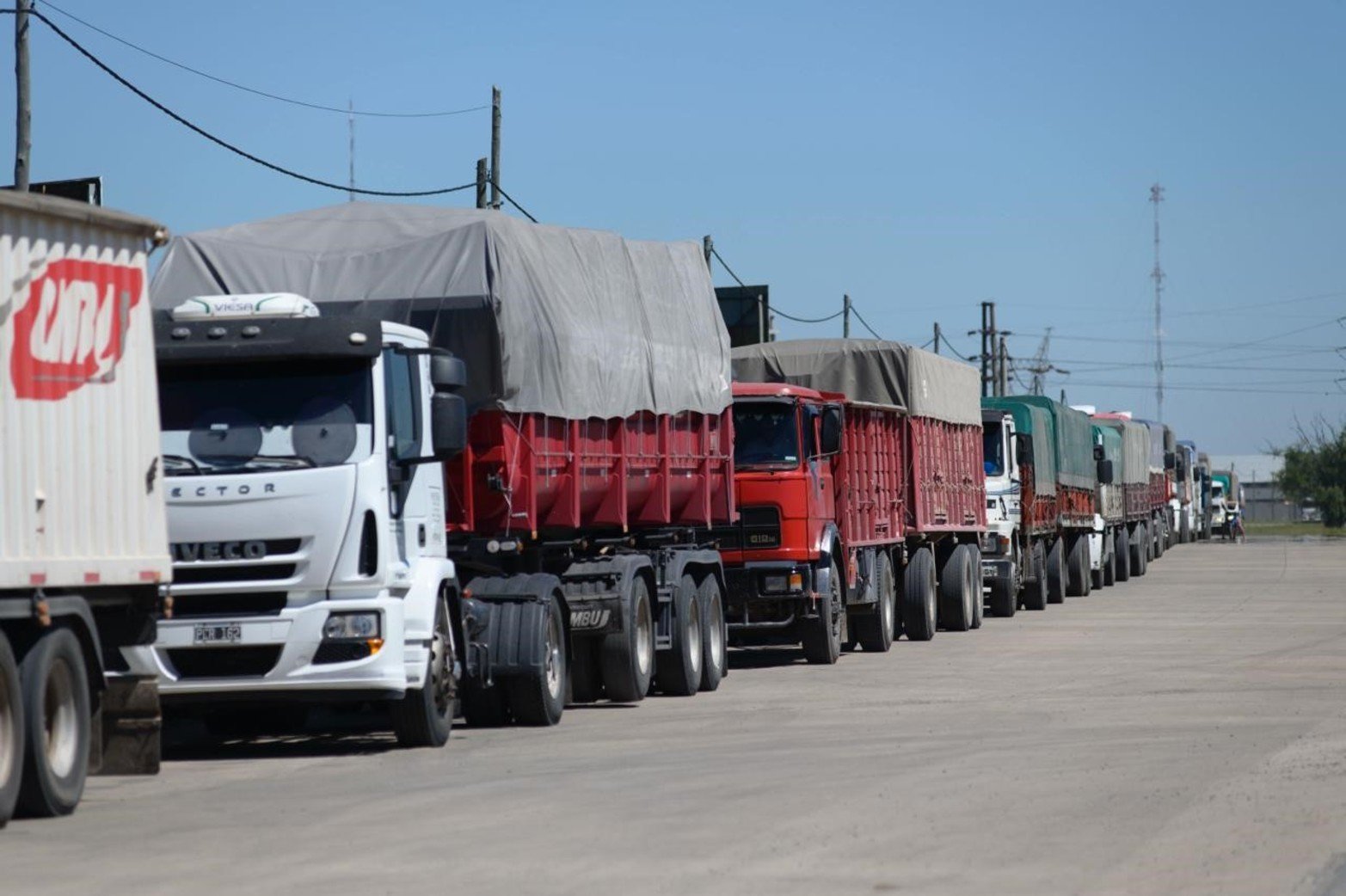 Largas filas de camiones esperando para descargar en el puerto de Rosario este jueves por la mañana.