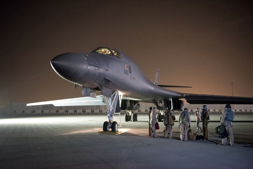 FILE PHOTO: A U.S. Air Force B-1B Lancer and crew, being deployed to launch strike as part of the multinational response to Syria's use of chemical weapons, is seen in this image released from Al Udeid Air Base, Doha, Qatar on April 14, 2018. U.S. Air Force/Handout via REUTERS. ATTENTION EDITORS - THIS IMAGE WAS PROVIDED BY A THIRD PARTY/File Photo