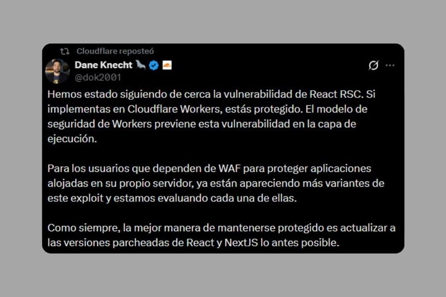 La publicación de Knecht, CTO de CloudFlare, este viernes.