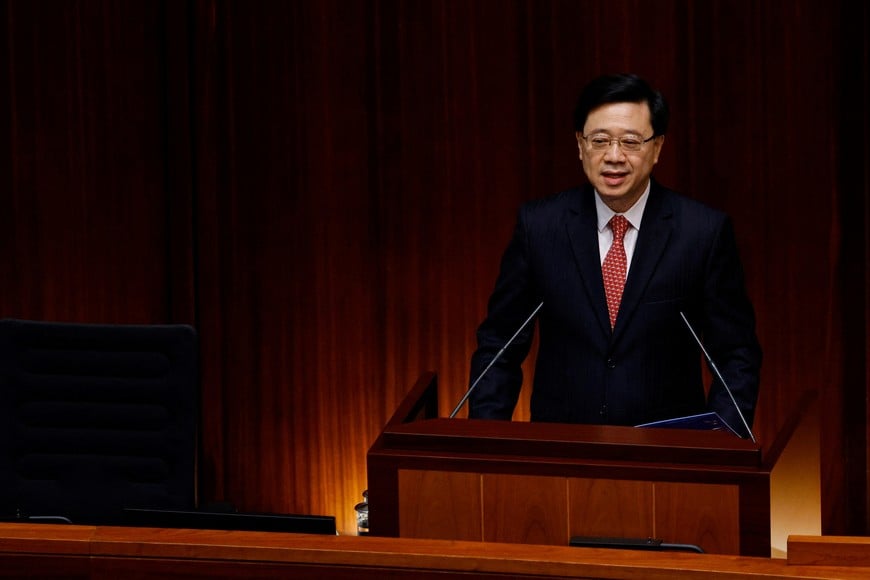 Hong Kong Chief Executive John Lee delivers his first annual policy address at the Legislative Council in Hong Kong, China October 19, 2022. REUTERS/Tyrone Siu