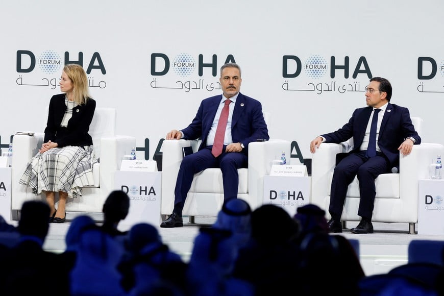 European Union High Representative for Foreign Affairs and Security Policy and European Commission Vice-President Kaja Kallas, Spain's Foreign Minister Jose Manuel Albares, and Turkish Foreign Minister Hakan Fidan attend the first day of the 23rd edition of the annual Doha Forum, in Doha, Qatar, December 6, 2025. REUTERS/Ibraheem Abu Mustafa