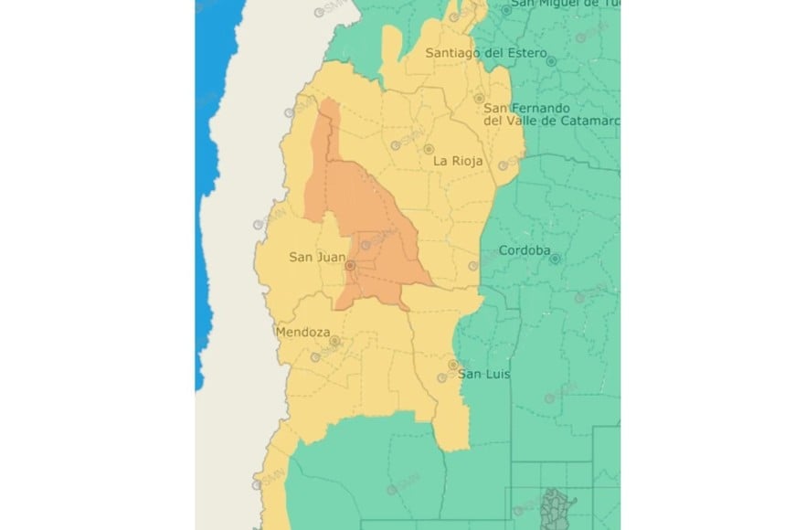 Las zonas bajo alerta naranja por tormentas según el SMN.