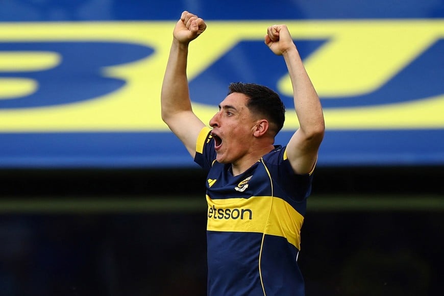 Soccer Football - Argentine Primera Division - Torneo Clausura - Boca Juniors v River Plate - Estadio La Bombonera, Buenos Aires, Argentina - November 9, 2025
Boca Juniors's Miguel Merentiel celebrates scoring their second goal REUTERS/Agustin Marcarian