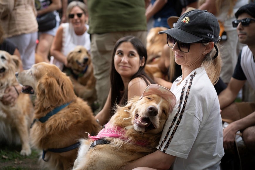 (251208) -- BUENOS AIRES, 8 diciembre, 2025 (Xinhua) -- Personas reaccionan junto a sus perros de la raza "golden retriever" durante un evento llevado a cabo en el Parque Berlín, en la ciudad de Buenos Aires, capital de Argentina, el 8 de diciembre de 2025. Una ola dorada compuesta por unos 2.000 perros de la raza "golden retriever" llenó el lunes de color y diversión la zona norte de la capital argentina, Buenos Aires, tras una convocatoria realizada por redes sociales para reunir ejemplares de la raza canina que se caracteriza por ser juguetona y extrovertida. (Xinhua/Martín Zabala) (mz) (rtg) (ah) (vf)