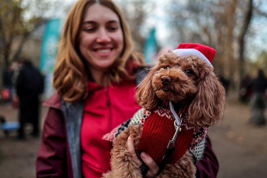 (251207) -- BUDAPEST, 7 diciembre, 2025 (Xinhua) -- Imagen del 6 de diciembre de 2025 de un perro y su dueña participando en el evento anual "Caminata de Perros Santa" en el Parque de la Ciudad, en Budapest, Hungría. El evento con temática navideña reúne a propietarios de perros de toda la ciudad para dar un paseo estacional, promoviendo la tenencia responsable de mascotas y fomentando las actividades al aire libre para las familias y sus mascotas. (Xinhua/David Balogh) (oa) (ah)