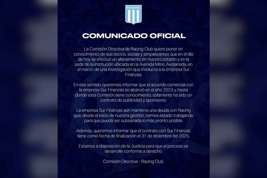 Racing aseguró que el vínculo con Sur Finanzas es sólo un contrato de publicidad y sponsoreo.
