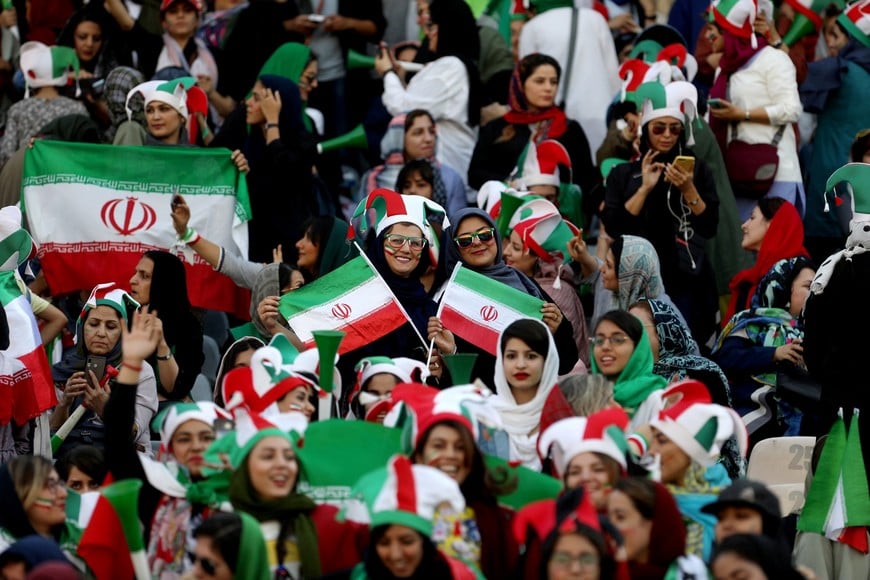 Iranian women fans attend Iran’s FIFA World Cup Asian qualifier match against Cambodia, as for the first time women are allowed to watch the national soccer team play in over 40 years, at the Azadi stadium in Tehran, Iran October 10, 2019.  WANA (West Asia News Agency) via REUTERS ATTENTION EDITORS - THIS IMAGE HAS BEEN SUPPLIED BY A THIRD PARTY