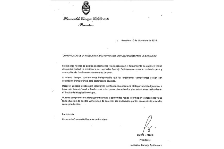 El comunicado del Honorable Concejo Deliberante de Baradero