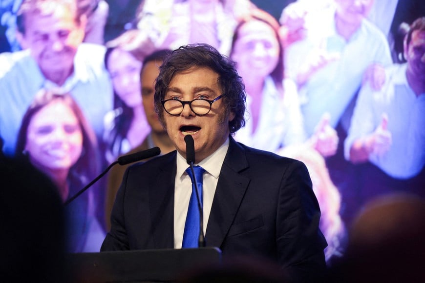 FILE PHOTO: Argentina's President Javier Milei speaks after the La Libertad Avanza party won the midterm election, which is seen as crucial for Milei's administration after U.S. President Donald Trump warned that future support for Argentina would depend on Milei's party performing well in the vote, in Buenos Aires, Argentina, October 26, 2025. REUTERS/Cristina Sille/File Photo