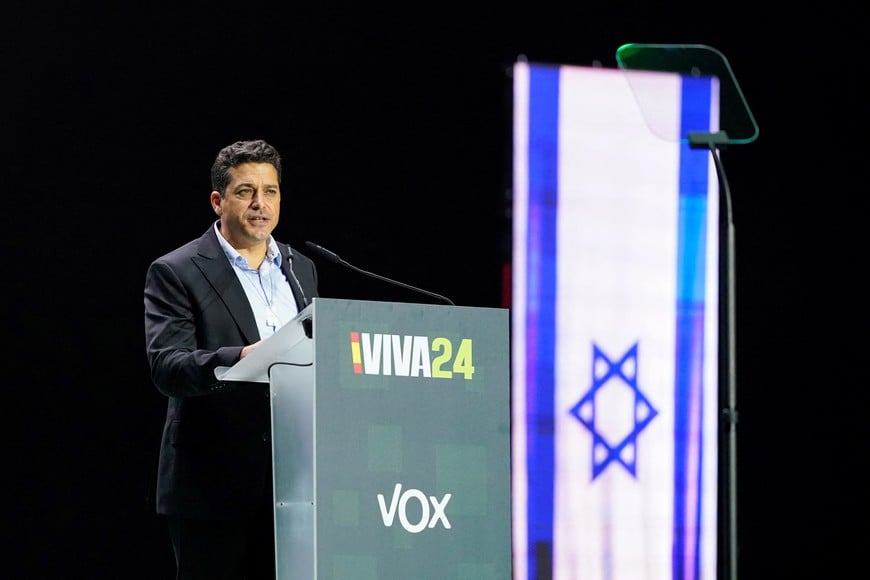 Israel's Minister of Social Equality and Diaspora Affairs Amichai Chikli speaks during a rally organised by the Spanish far-right Vox party ahead of the European elections, with various far-right leaders including Argentina's president Javier Milei, in Madrid, Spain, May 19, 2024. REUTERS/Ana Beltran