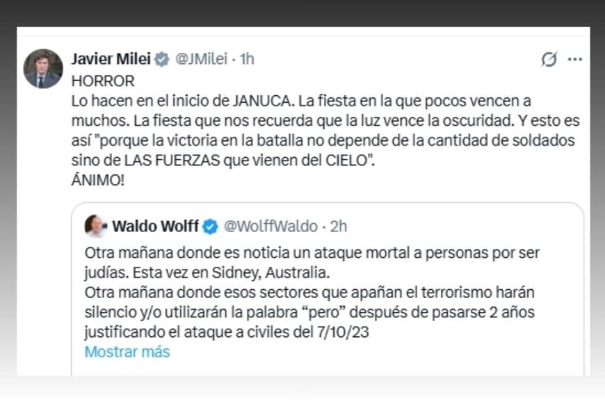 Javier Milei se pronunció en redes sociales tras el ataque ocurrido en Australia.