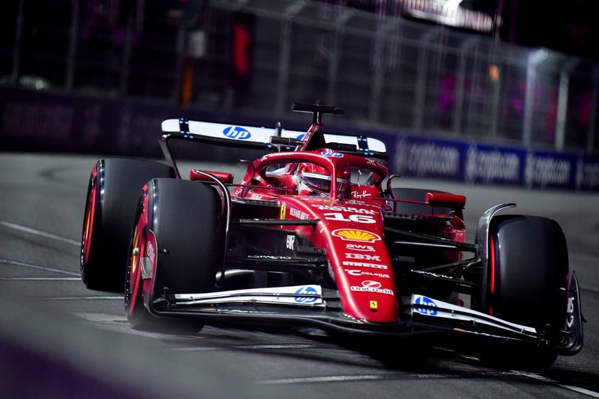 Nov 20, 2025; Las Vegas, NV, USA; Ferrari driver Charles Leclerc (16) during practice for the Las Vegas Grand Prix at Las Vegas Strip Circuit. Mandatory Credit: Gary A. Vasquez-Imagn Images
