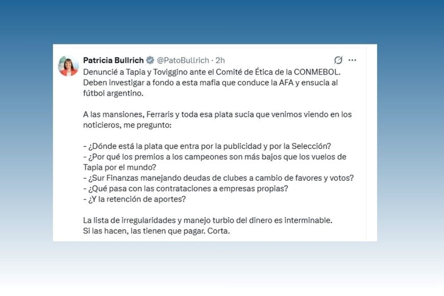 El descargo fue publicado en redes sociales, donde la senadora habló de “mafia” y falta de transparencia en el fútbol.