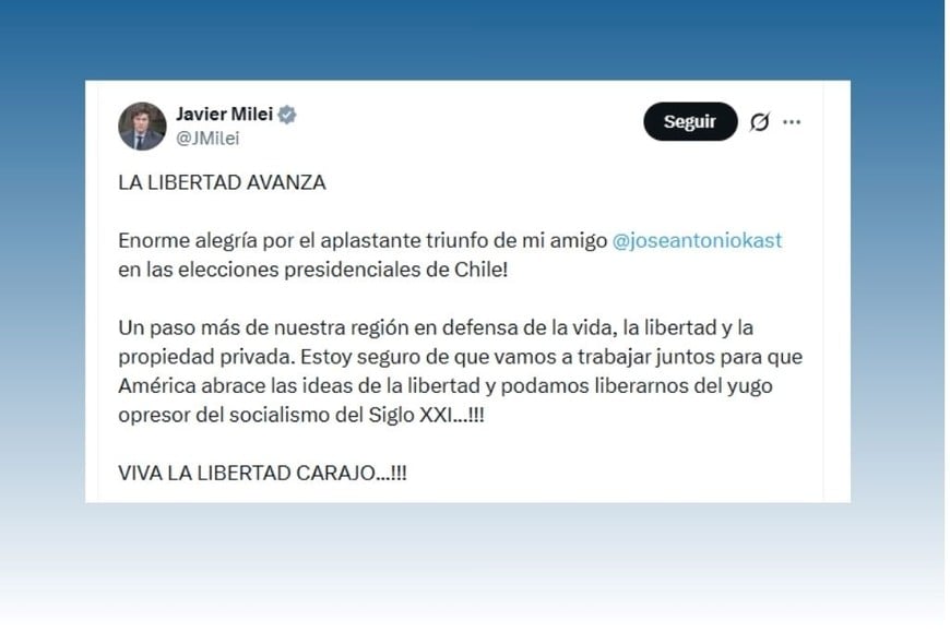 Javier Milei celebró en redes sociales el triunfo de José Antonio Kast en Chile.