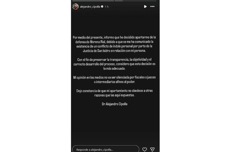 El descargo de Cipolla en sus historias de Instagram.