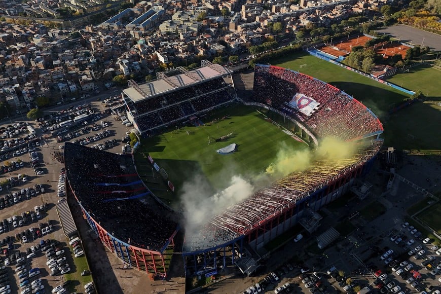 A drone view shows the Pedro Bidegain stadium on the day of an Argentine first division match between San Lorenzo de Almagro, Pope Francis' hometown soccer team, and Rosario Central, following the death of the pontiff, in Buenos Aires, Argentina, April 26, 2025. REUTERS/Matias Baglietto     TPX IMAGES OF THE DAY