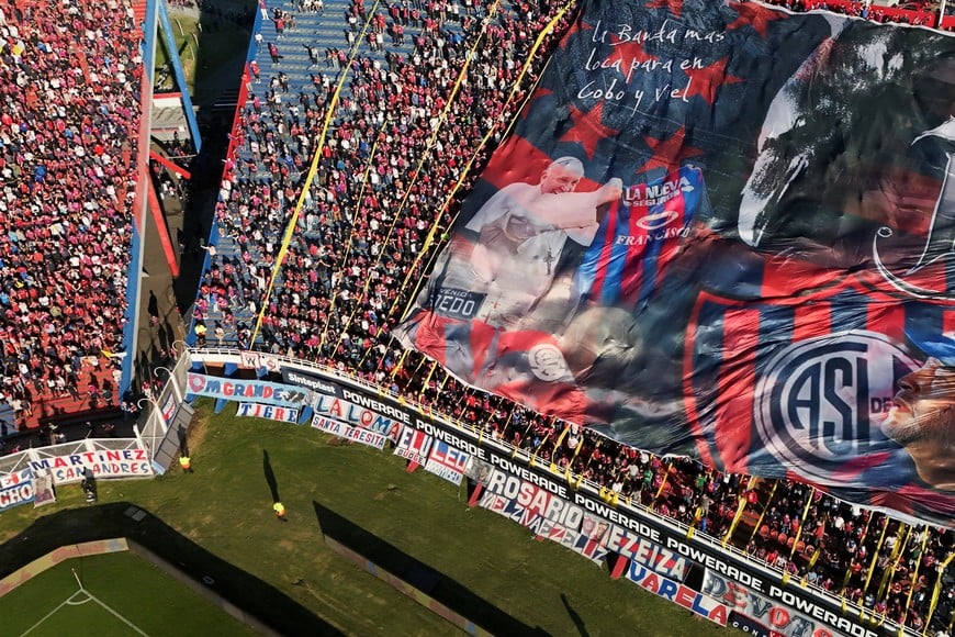 A drone view shows the Pedro Bidegain stadium on the day of an Argentine first division match between San Lorenzo de Almagro, Pope Francis' hometown soccer team, and Rosario Central, following the death of the pontiff, in Buenos Aires, Argentina, April 26, 2025. REUTERS/Matias Baglietto
