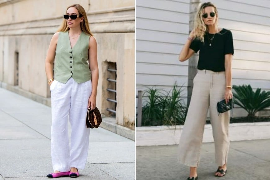 La silueta amplia del palazzo acompaña el cuerpo sin ajustar.